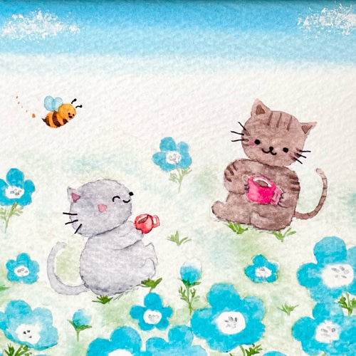 透明水彩画 A4ポスター「ネモフィラ畑でお茶しましょ」イラスト