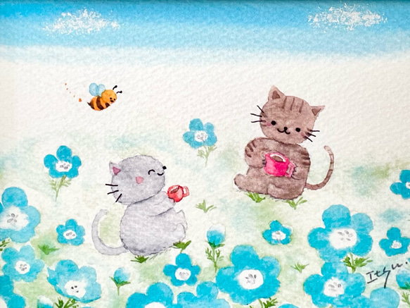 透明水彩画　A4ポスター「ネモフィラ畑でお茶しましょ」イラスト　猫　ねこ　ネコ　花　春　母の日　父の日　入園入学　 2枚目の画像