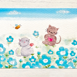 透明水彩画 3枚セット「ネモフィラ畑でお茶しましょ」イラスト