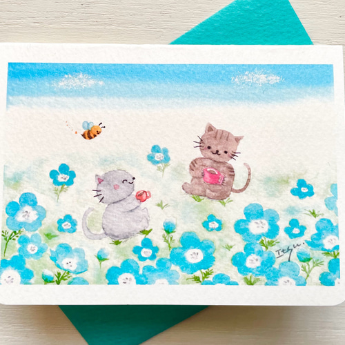 透明水彩画 ミニカード2枚セット「ネモフィラ畑でお茶しましょ