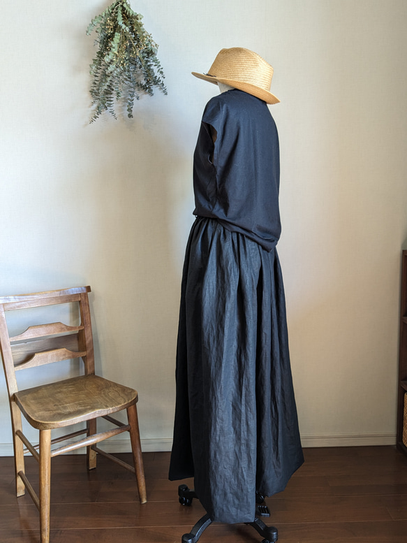 マキシ丈 リネンギャザースカート ブラック　★オープン記念送料無料 7枚目の画像