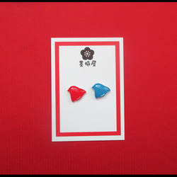 【樹脂耳環可換】千鳥格耳環紅×藍 第1張的照片