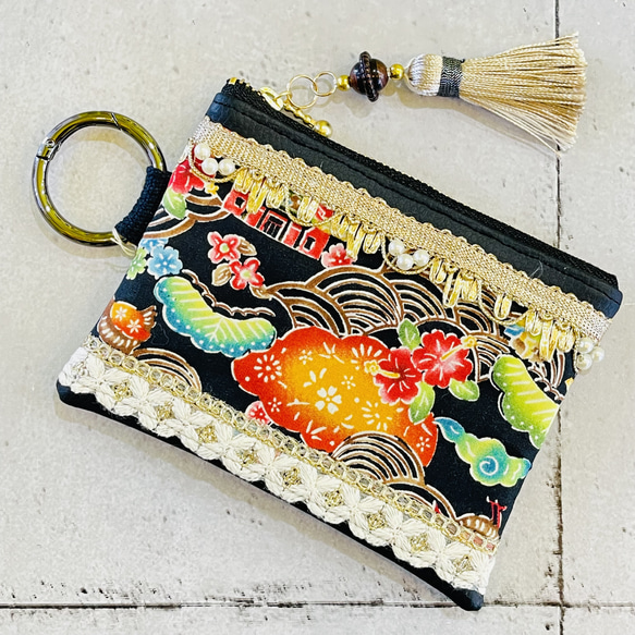 SKP#7 インド刺繍リボン 着物ハギレ ポーチ リボン タッセル付き