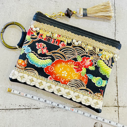 SKP#7 インド刺繍リボン 着物ハギレ ポーチ リボン タッセル付き