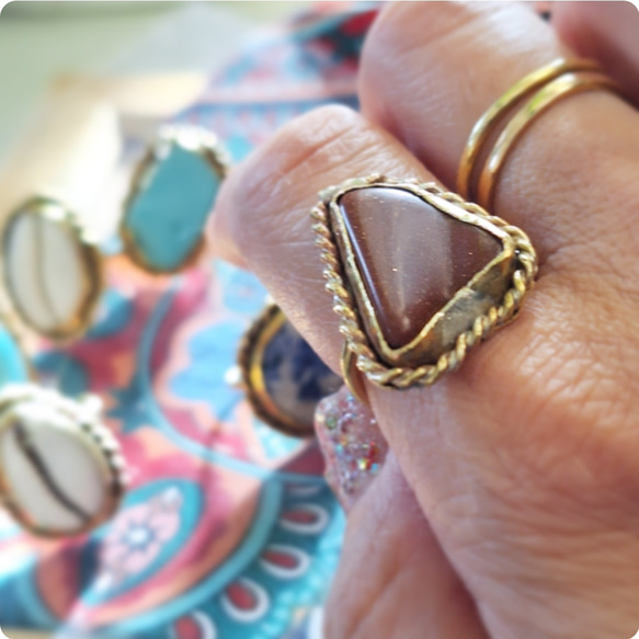 【14～15号】サンドストーン ring 真鍮 一粒天然石 /大ぶりリング 4枚目の画像