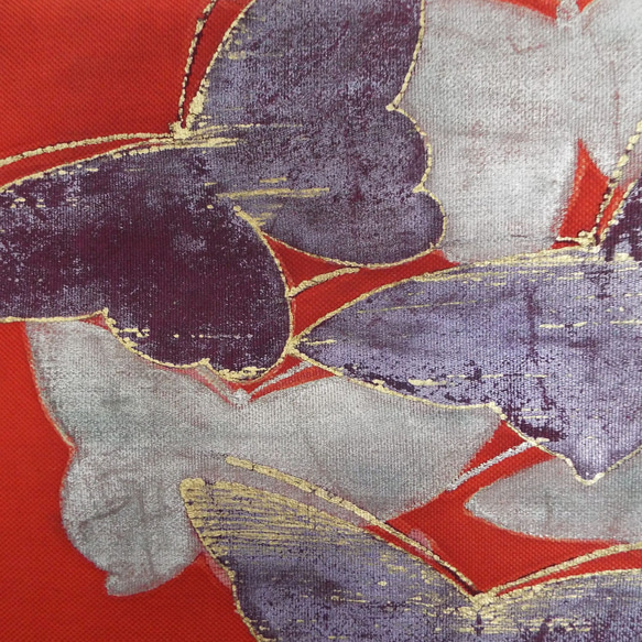 すぐに結べる「さくら造り帯」赤地に紫の蝶が連なるお太鼓 7枚目の画像