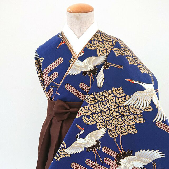 ★簡単に着られるベビー袴！　＝鶴青＋茶色袴セット＝　70-80size