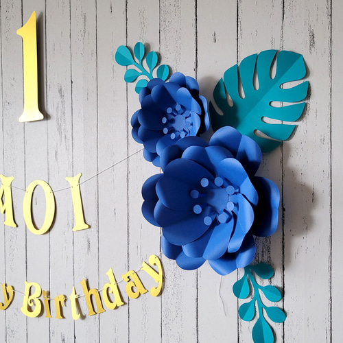 ボタニカルなフラワーアーチの1歳誕生日飾り付けセット（ブルー