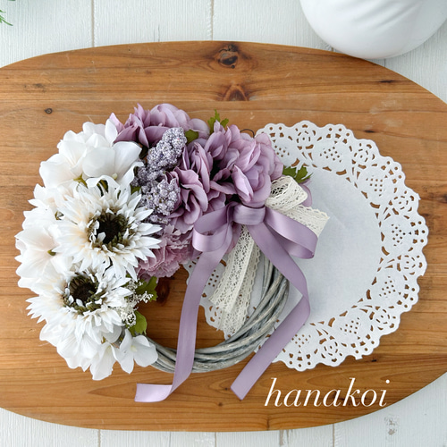 くすみパープルとシルバーグレーのハーフリース 2種類のリボン使用 母