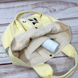 【送料無料】お餅猫の刺繍 ポケット付きコットンミニトートハンドバッグ 4枚目の画像