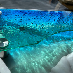 新色　アートガラスモニターラック  波紋ターコイズブルーオーシャン　テレビスタンド　海　砂浜 5枚目の画像