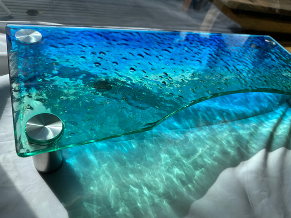 新色　アートガラスモニターラック  波紋ターコイズブルーオーシャン　テレビスタンド　海　砂浜 5枚目の画像