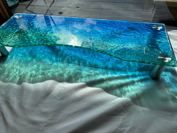新色　アートガラスモニターラック  波紋ターコイズブルーオーシャン　テレビスタンド　海　砂浜 3枚目の画像