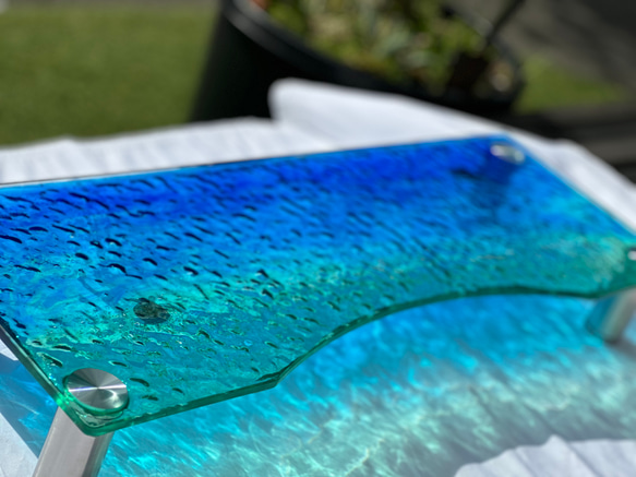 新色　アートガラスモニターラック  波紋ターコイズブルーオーシャン　テレビスタンド　海　砂浜 6枚目の画像