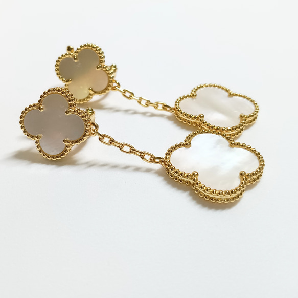 マザーオブパールゴールド 「希望・信仰・愛情・幸福」 クローバー 白蝶貝 ピアス 天然白蝶貝 マザーオブパール×イエローゴールドカラー 2チャームピアス