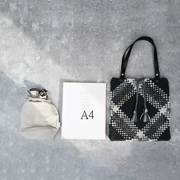 バスケット編みトートBAG「A4対応」「India＆tete」「black」 7枚目の画像