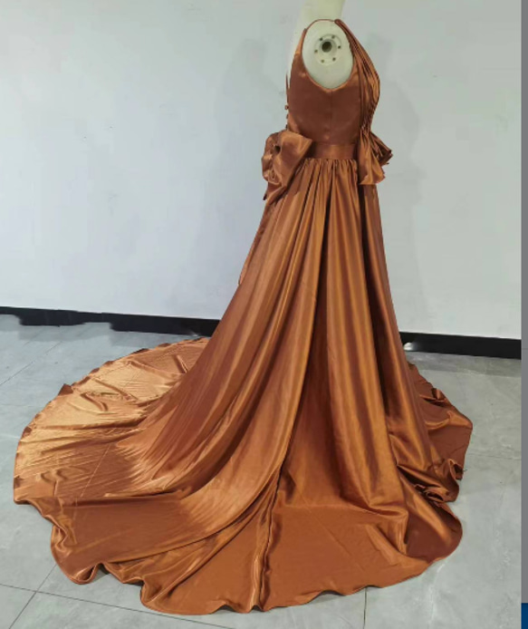 高品質！ パーティードレス テラコッタ色 背中見せ Vネック 人気上昇 取り外しリボン 