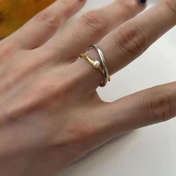 一粒パールリング　ダブルカラー　s925　フリーサイズ　指輪　韓国　結婚式　入学式　フォーマル　アレルギー対応　小粒 7枚目の画像