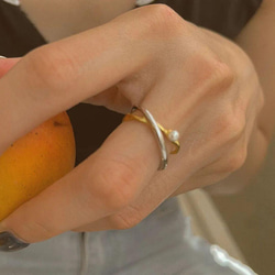 一粒パールリング　ダブルカラー　s925　フリーサイズ　指輪　韓国　結婚式　入学式　フォーマル　アレルギー対応　小粒 8枚目の画像