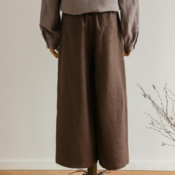 ウエストが楽な着やせワイドパンツ　リネンロングパンツ　秋冬にも　濃い茶色　200907-8 8枚目の画像