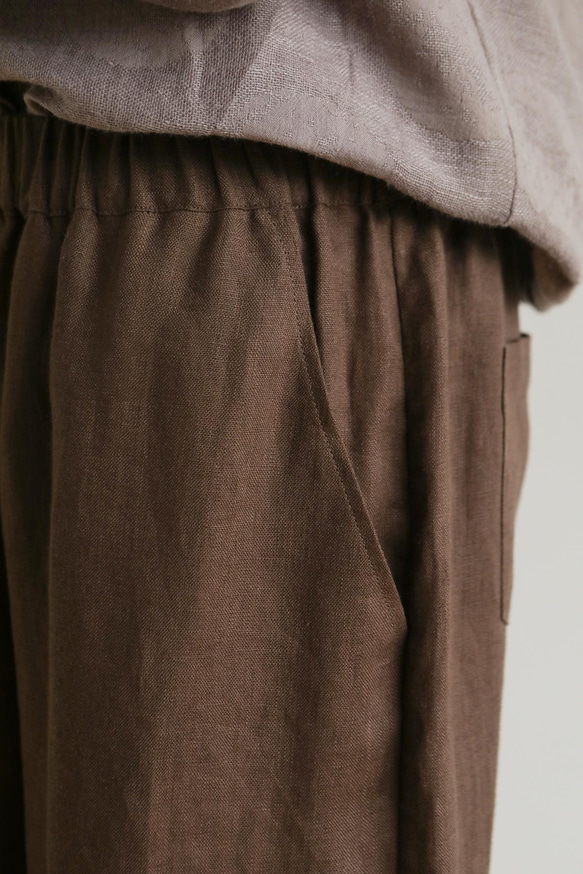 ウエストが楽な着やせワイドパンツ　リネンロングパンツ　秋冬にも　濃い茶色　200907-8 5枚目の画像