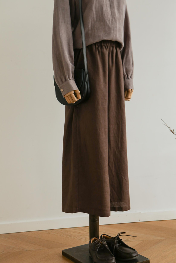 ウエストが楽な着やせワイドパンツ　リネンロングパンツ　秋冬にも　濃い茶色　200907-8 2枚目の画像