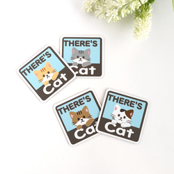 ４.５×４.５cm【＊ミケ猫＊THERE'S CAT（猫が居ます） マグネットステッカー】車 通院 玄関 ドア ポスト 7枚目の画像