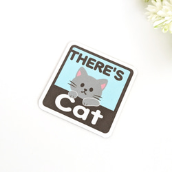 ４.５×４.５cm【＊グレー猫＊THERE'S CAT（猫が居ます） マグネットステッカー】車 通院 玄関 ドア ポスト 2枚目の画像