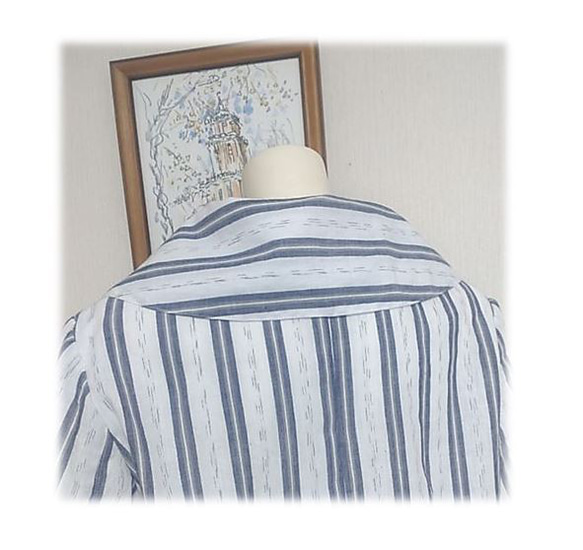31　１点物　レトロ衿　大きな衿　デッドストック浴衣　昭和レトロ　ブラウス　七分袖　ストライプ　白×紺 11枚目の画像