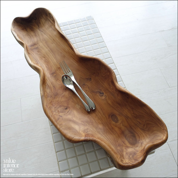 チーク無垢材 大型プリミティブトレイN67cm 大型食器 菓子鉢 サラダ