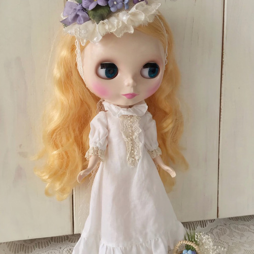 ドール用レースと染め花のスモールヘッドドレス(L・すみれと勿忘草