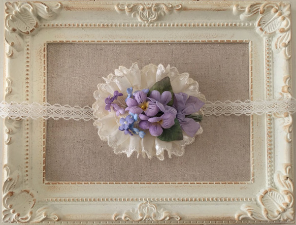 ドール用レースと染め花のスモールヘッドドレス(L・すみれと勿忘草