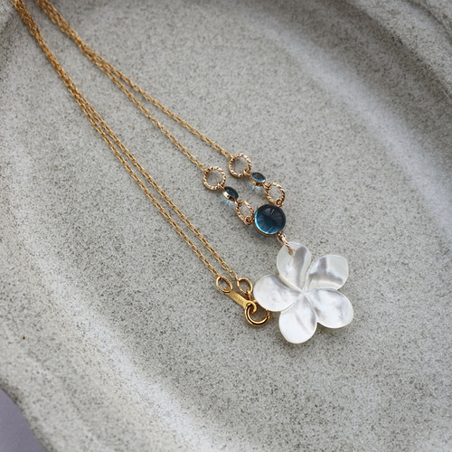 14KGF ハワイアン ネックレス スイスブルートパーズ&シェルプルメリア  