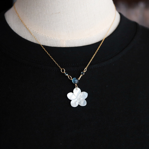 14KGF ハワイアン ネックレス スイスブルートパーズ&シェルプルメリア  