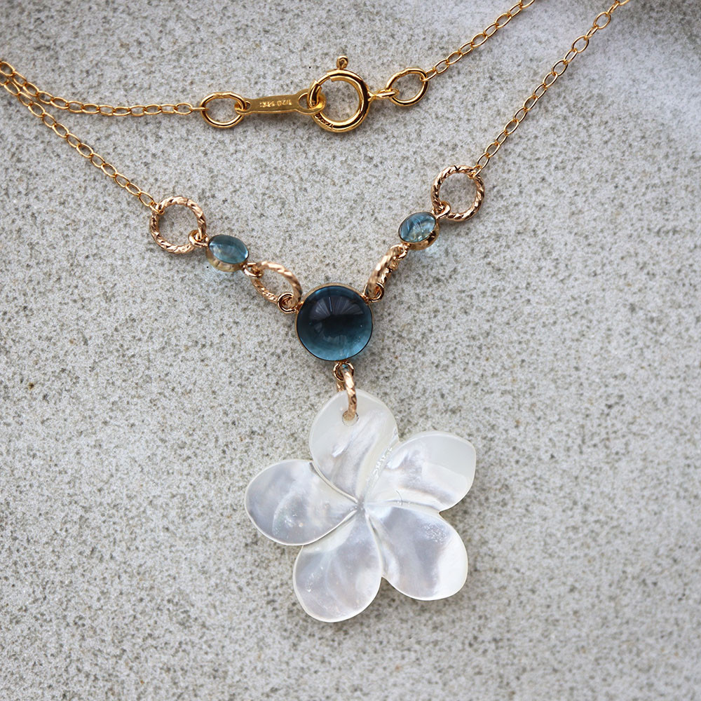 14KGF ハワイアン ネックレス スイスブルートパーズ&シェルプルメリア