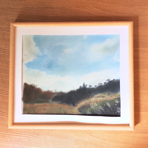 パステル画（原画）河のある風景・朝。 河のある風景：朝（パステル画・マット紙付き）額縁：四つ 絵画