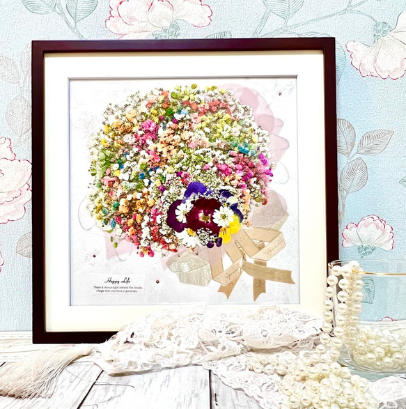 本物の押し花の絵画/額縁有り 七色カスミ草 あふれんばかりの押し花アート額 その他アート