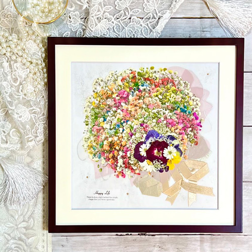 額付き押し花アート 七色カスミ草 あふれんばかりの押し花アート額 その他アート