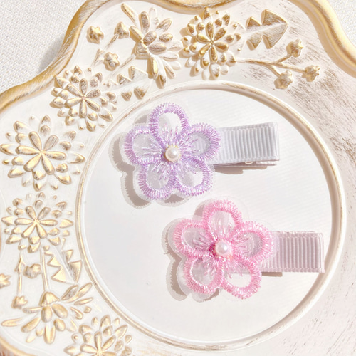 ♥カラフルレースパールお花ꕤ全8色♥【ベビー キッズ ヘア