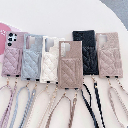 iPhone14 ケース カード収納付き パープル ショルダー紐付き カバー