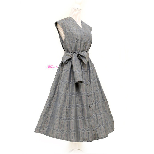 【大島紬】Vネック女優風ワンピース･ロング丈（ブルーグレー)フリルショール付 ボタン＆リボン仕様シルク･絹　tsu859 【大島紬】Vネック女優風ワンピース･ロング丈（ブルーグレー)フリルショール付 ボタン＆リボン仕様シルク･絹　tsu859 G2582407934(19800円)