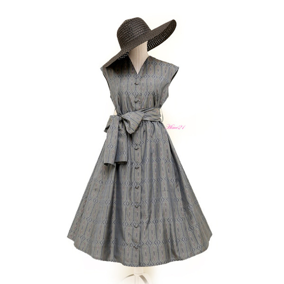 【大島紬】Vネック女優風ワンピース･ロング丈（ブルーグレー)フリルショール付 ボタン＆リボン仕様シルク･絹　tsu859 【大島紬】Vネック女優風ワンピース･ロング丈（ブルーグレー)フリルショール付 ボタン＆リボン仕様シルク･絹　tsu859 G2582407934(19800円)