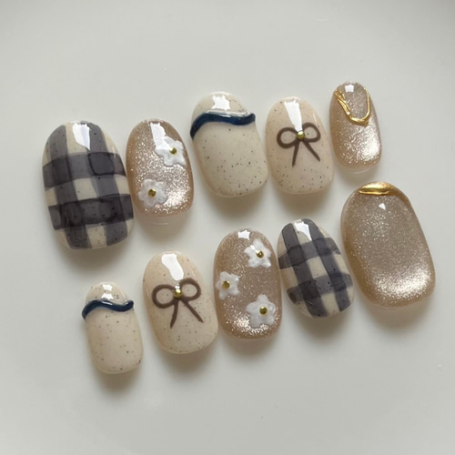 ネイルチップ ベージュ ブラウン ネイビー ブルー マグネット チェック  