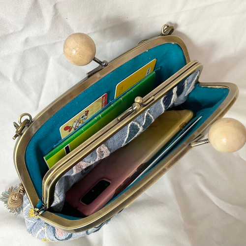 ミナペルホネン　ハンドメイド　がま口　親子長財布　ballade skyful ミナペルホネン スカイフラワー 木玉親子がま口長財布バッグ がま口
