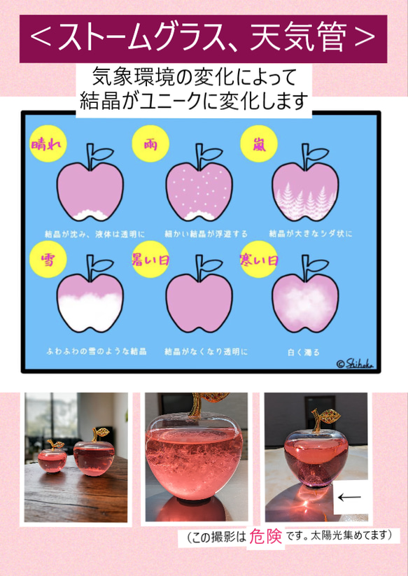 ＜大、小セット＞中の結晶の変化を楽しむ　りんご型の　ストームグラス（天気管）　母の日や贈り物に 5枚目の画像