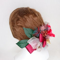 【一点限定】椿とリボンのヘッドドレス ゴールド 成人式 卒業式 袴 髪飾り 造花 和装 赤 市松模様 6枚目の画像
