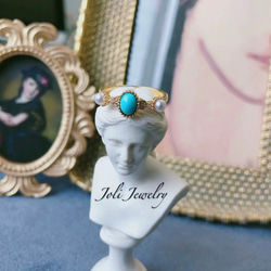 【ファンタジーナイト】天然ターコイズ キラキラ リング レトロ ゴージャス シンプル 指輪 ブルー 人工パール オーバル 4枚目の画像