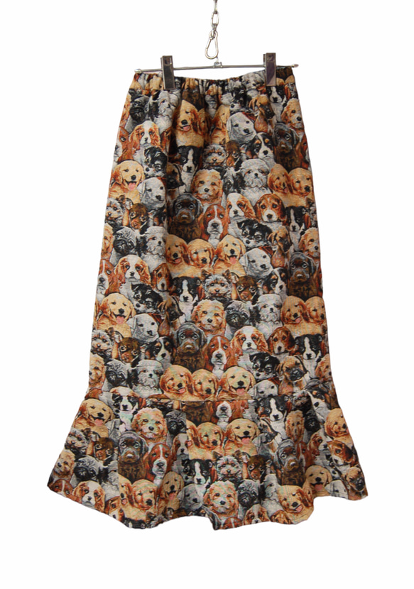犬柄ゴブラン織り　裾プリーツロングスカート 1枚目の画像