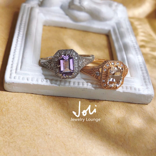 koomaya　アメジストエメラルドカットＫ18リング K18 ローズアメジスト リング 彩りに輝きをそえるローズカット＆ダイヤ