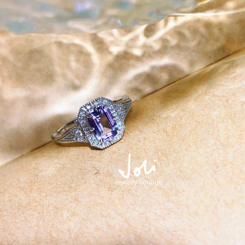 天然アメジスト エメラルドカット キラキラ リング レトロ ゴージャス